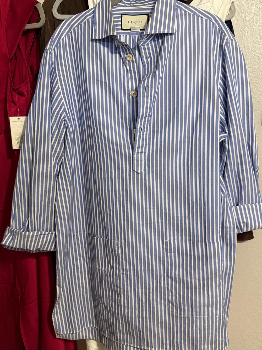 Gucci Blue and White Striped Button-Down Popover Shirt
